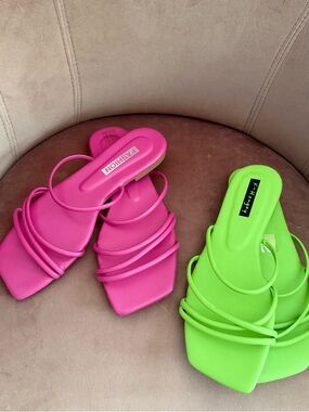 Lot of 2 NEW Neon Green & Pink Strappy Slide Sandals